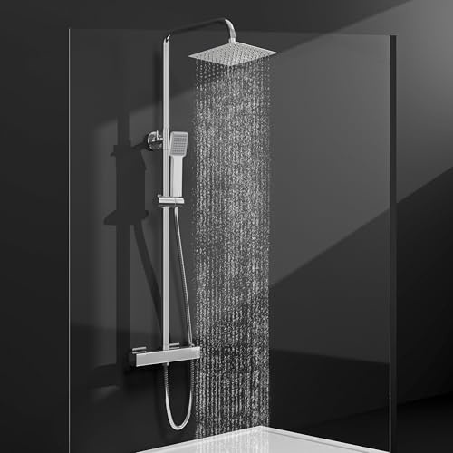 Sky Bathroom Thermostatic Shower Mixer Set | 8 Rainfall Shower & Handheld Head | Wall Mounted Bar Mixer Shower System | Stainless Steel Adjustable Sliding Riser Rail Chrome Finish