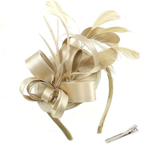 FILOEEX Gold Fascinator Headband for Women, Elegant Feather Fascinator Headband with Clip Vintage Feather Headpiece with Satin Hat for Weddings, Tea Parties, Cocktail Events
