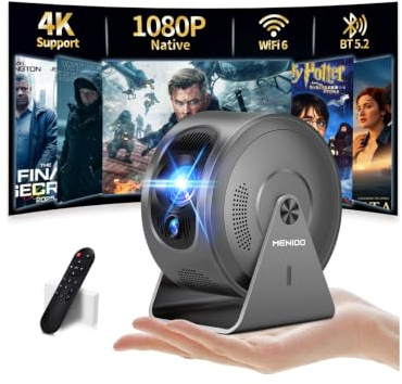 Mini Beamer Unterstützt 4K WiFi BT Integrierte Apps 360° Drehbar | Mini-Projektor mit Autofokus und Trapezkorrektur, unterstützt HDMI-/DC-/USB-Anschlüsse-Grau