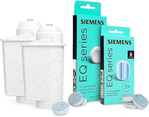Kit de Mantenimiento para Cafeteras Siemens serie EQ, pastillas de Limpieza (10 unidades), Descalcificador 2en1 (3 unidades) y 2 filtros AquaIntense, Compatible con Siemens Bosch TZ70003 TZ80001 TZ80