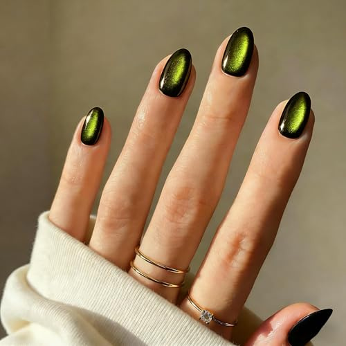 SXVME Cat Eye Press On Nails Short - Dark Neon Green False Nails Oval, 30 Pcs 15 Sizes Glitter Black Fake Nails Press ons, Upgrade Thick Quality, Reusable Almond Glue on Nail for Women Goth