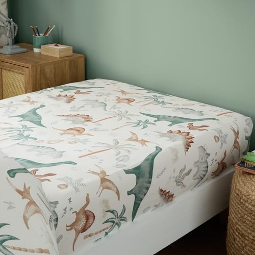 Happy Linen Company Girls Boys Kids Scandi Saurus Dinosaur Ivory Toddler Cot Bed Fitted Sheet Bedsheet Bedding Bed Linen