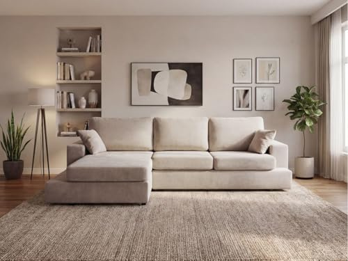 GRAINGOLD Nesto Ecksofa 260x165 cm, L-Form Sofa, Ecksofa für Wohnzimmer, Chenille-Stoff, 3-Sitzer Eckcouch, Modernes Design (Beige, Links)