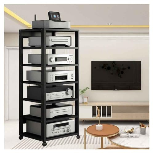 Mobile Stereo Hi Fi Porta Elettroniche, Mobiletto Rack Audio A 7 Livelli In Legno，Telaio In Metallo Per Impianto Hi-Fi Stereo, Rack Audio Mobile Con Ruote Universali(Nero)