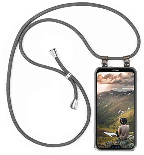 moex Handykette für Huawei Mate 20 Lite Hülle mit Band abnehmbar, Handyhülle mit Kette zum Umhängen, Handyband Kordel Umhängehülle, Necklace Handy Umhängeband, Grau