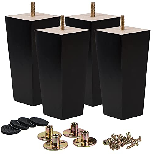 La Vane 15cm Holz Tischbeine, 4 Stück Schwarz Massivholz Pyramide Ersatz Möbelfüße Möbelbeine mit vorgebohrten M8 5/16 Bolzen & Montageplatten & Schrauben für Sofa Bett Schrank Couch Ottomane