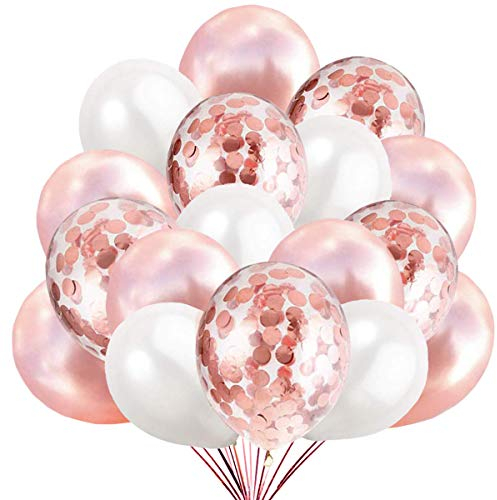 50 Luftballons Rosegold Weiß und Konfetti Ballon Partyballon Deko Rose Gold Dekoration fur Geburtstag, Baby Dusche Party, Baby Shower