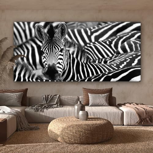 MuchoWow Leinwand Bilder, Einzigartige Wanddeko mit Rahmen, Zebra schwarz-weiß Fotodruck, Wandbilder Wohnzimmer, Deko Schlafzimmer 160x80 cm