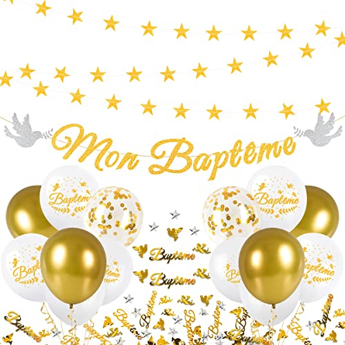 iZoeL Decoration Bapteme Garcon Fille, Mon Baptême Guirlandes Ballon Bapteme Confettis Decoration Table - Deco Baptême Baby Shower
