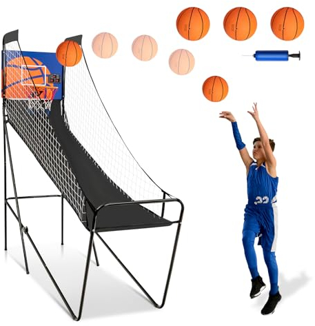 GYMAX Automat Basketballkorb faltbar, Elektronische Basketballspiel, Schießmaschine mit elektronischer Anzeigetafel, inkl. 3 Bällen & Pumpe, für Erwachsene & Kinder