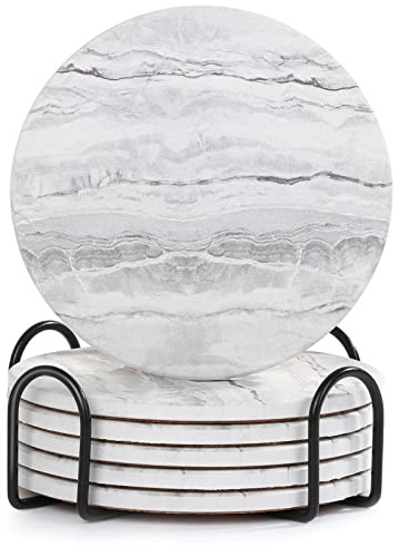 Acejoz Drink Coasters with Holder for Coffee Table, Absorbent Coaster Set of 6, Marble Style Ceramic Coaster for Wooden Table, Suitable for Kinds of Cups, Home Decor, 4 Inches
