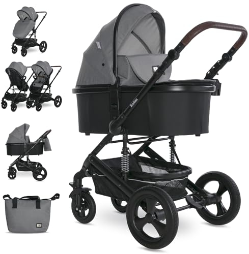 Lorelli Kinderwagen Boston 2 in 1 inkl. Babywanne und Sportsitz, Baby Kombikinderwagen bis 22kg, Zusammenklappbar, Große Räder, Großer Einkaufskorb, Fußsack, Federung, Organizer Tasche, Grau