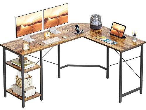 CubiCubi L Shaped Computer Desk, 150 cm Industrial Office Desk with Storage Shelves, White Wood and Metal Corner Desk for Home Office, Brown