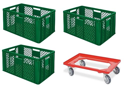 BRB 3x Eurobehälter durchbrochen, lebensmittelecht, 600x400x320 mm, inkl. Transportroller (grün)
