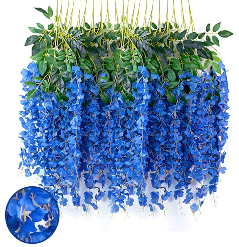 Luerbi 24 Pack Royal Blue Wisteria Hanging Flowers Garland, 3.77 Feet Artificial Flower Vines, Fake Wisteria, Artificial Vines Hanging Garland for Backdrop Outdoor Yard Garden Decor
