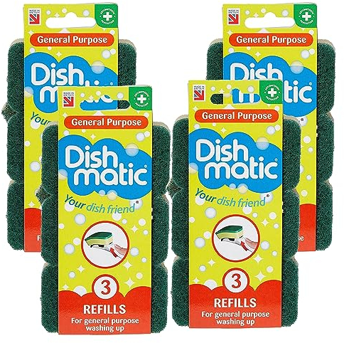 Heavy Duty Green Refill Sponges Cleaning Scourer General-Purpose Washing-Up Sponge Refill Heads with Antibacterial Abrasive for Kitchen and Bathroom 4 Pack (12 Sponge).