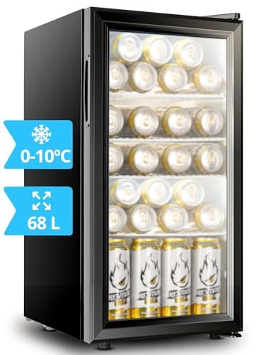Mini frigorífico de 35 hasta 98 litros (temperatura de 0-10ºC). Nevera con puerta de cristal de bajo consumo. Mini nevera pequeña para habitación con puerta expositora. Frigoríficos pequeños (68L)