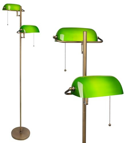 FIRVRE Green Glass Bankers Floor Lamp, Double Light Slim Standing Lamp with Pull Chain, Vintage Reading Floor Light for Bedroom Headboard Workplace Office