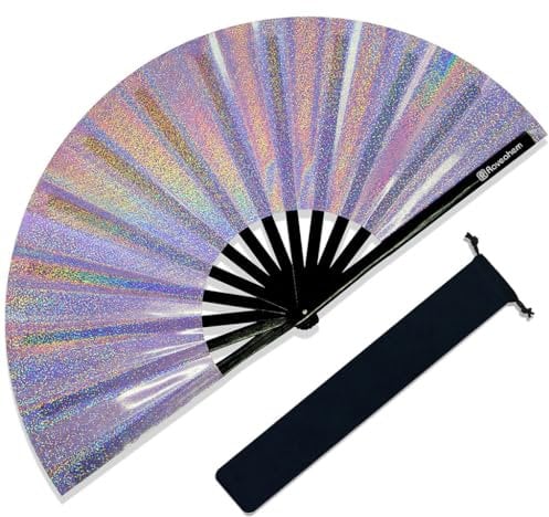 Raveahem Großer Rave-Ventilator, Clack Faltbarer Handventilator mit hochwertigem Stoff, dicker Bambusrahmen für Männer und Frauen, Geschenk für EDM, Festival, Club, Party, Tanz, Dekoration (Lridescent