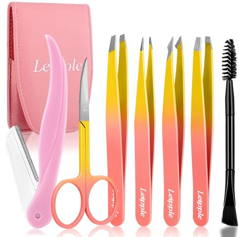 Pince a Epiler 7Pcs Pour Femmes-Pince à épile de Précision Avec étui de Voyage-Pince à épiler en Acier Inoxydable Pour les Sourcils Avec Ciseaux,Rasoir,Miroir Pour les Cheveux Incarnés (Jaune/Orange)