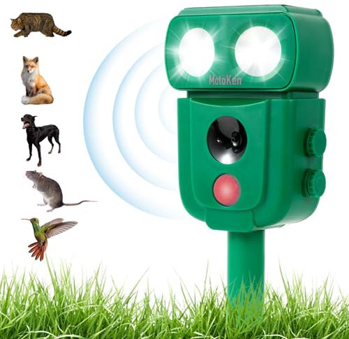 Motoken Repellente Gatti, Repellente per Animali, Ultrasuoni Solare Repellente per Uccelli Deterrente per Piccioni, Uccelli, Cani, Gatti, Topi, Volpi e Animali, 4 Modalità Regolabili, 2024 Versione