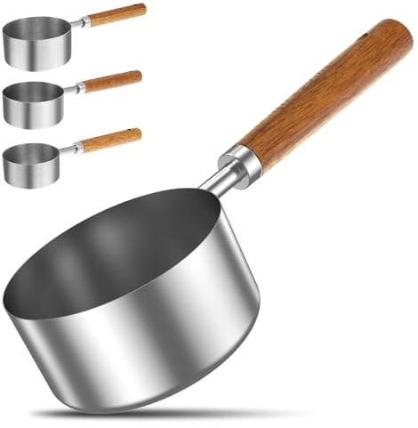 4Pcs Measuring Cup Set 60ml/ 80m/ 125ml/ 250ml Stainless Steel Food Scoop with Wooden Handle Multifunctional Pet Food Measuring Cup with Measurement for Dog Cat Pet Rice Flour Soybean