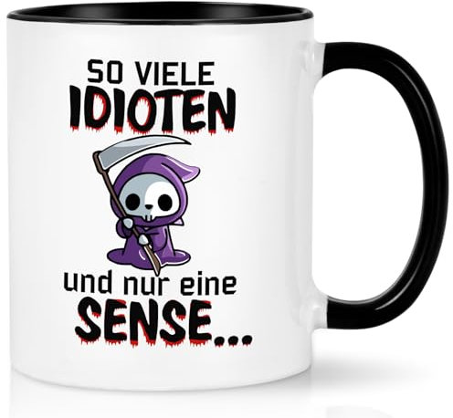 Joymaking Kaffeetasse mit Spruch So viele Idioten und nur eine Sense, lustige Tasse für Kollegen Männer Frauen Freundin, witziger Tasse schwarzer Humor Geschenk für Büro, Schwarz 320ml