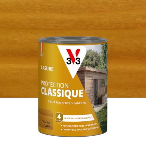 V33 Holzlasur für den Außenbereich, goldene Eiche, klassischer 4-jähriger Schutz, schützt vor Vergrauung, direkt neues oder altes Holz, tropfsichere Textur, 0,75 l
