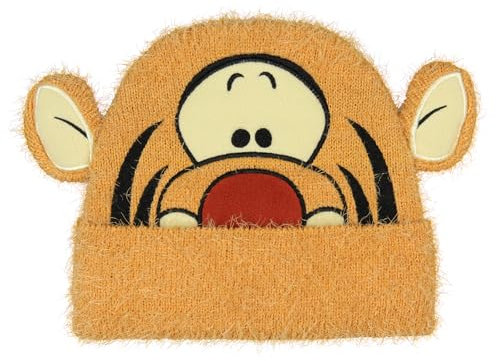 Disney Winnie Puuh Tigger Filz-Stickerei, flauschiges Garn, 3D-Ohren, Gesicht, Strickmanschette, Beanie, Totenkopfmütze, OSFM, Orange, Orange/Abendrot im Zickzackmuster (Sunset Chevron), Einheitsgröße