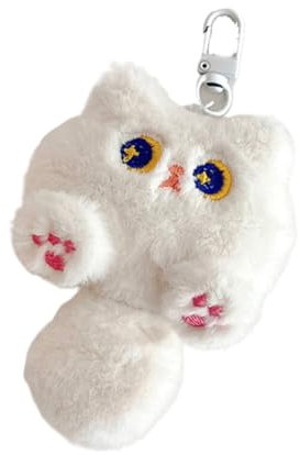 Porte-clé, 10 cm, Compagnon en peluche, Avec anneau pour porte-clés, trousseau de clés, Porte-clés en Peluche idéal comme Cadeau pour Hommes, Femmes et Enfants (Style chat blanc)