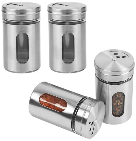 4 Stück Gewürzstreuer, Gewürzdosen Edelstahl, 80ml Gewürzstreuer Glas, Gewürzgläser mit Streueinsatz, Gewürzbehälter für Gewürze Küchenutensilien, mit Sichtfenster und 3 Verschiedenen Lochgrößen