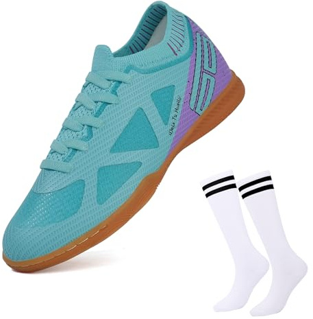 brooman Kids Futsal Indoor Soccer Shoes Boys Girls Soccer Sneakers with Soccer Socks (13,Green)