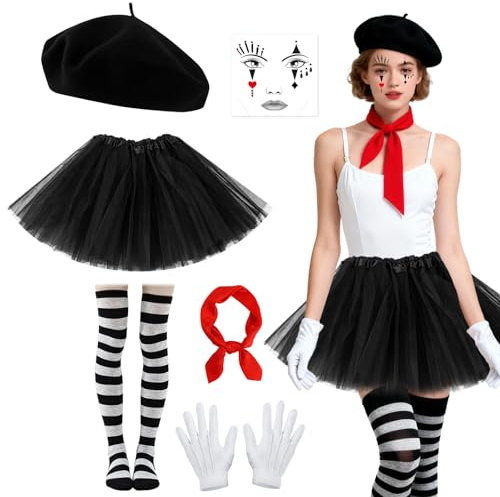 6 Stück Pantomime Kostüm Set für Damen, Pantomime Kostüm Accessoires Kit mit Baskenmütze Tuch Handschue Schwarz Weiß Gestreift Strümpfe Rock Gesichtstattoo für Karneval Halloween Mottoparty