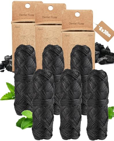 180M Öko Zahnseide plastikfreie Zahnseide gewachst 6 Spulen zum Nachfüllen Floss mit Candelilla Bambus Aktivkohle Dental floss Minze Nachhaltig Vegan 6x30m Nachfüllpack von LAOYE