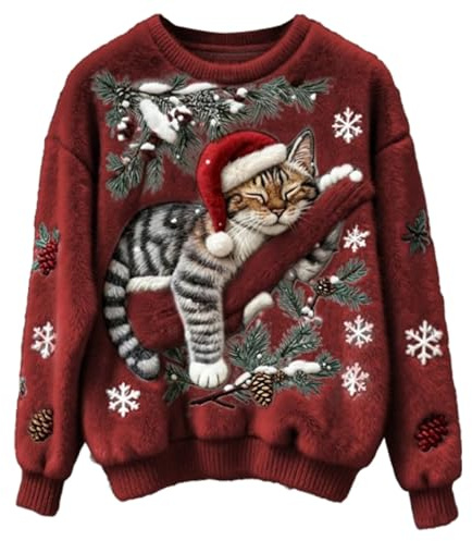 Generisch Weihnachtspullover Damen Weihnachten Katze Print Flanell Sweatshirt Xmas Neuheit Niedlich Rundhals Pullover Tops Urlaub Bequem Festliche Kleidung Winter Casual Mode Weich Warm Pullover