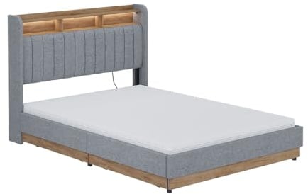 VitaliSpa Polsterbett Nura, Grau/Eiche, 140x200 cm mit 4 Schubladenmit Matratze, mit USB-Ladeanschluss, LED-Beleuchtung und Fernbedienung
