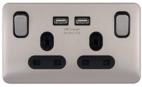 Schneider Electric Lisse Screwless Deco - Switched Double Power Socket, Single Pole with USB Charging Ports, 13A, GGBL30202USBABSSS, Stainless Steel with Black Insert