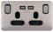 Schneider Electric Lisse Screwless Deco - Switched Double Power Socket, Single Pole with USB Charging Ports, 13A, GGBL30202USBABSSS, Stainless Steel with Black Insert