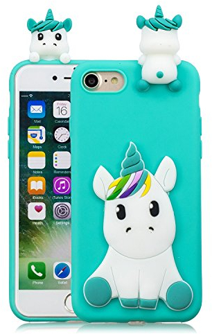 HopMore Compatible with iPhone SE 2020 / iPhone 8 / iPhone 7 Case Cover Cute 3D Design Silicone Soft Gel Shockproof Protective Cover Slim Thin Rubber Funny Shell for Girls Woman - Green Unicorn