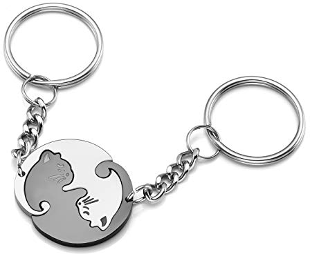 Zysta Personalized Gravur- Edelstahl Yin Yang Schlüsselanhänger Taichi Fengshui Schwarz Weiß Katzen Puzzle Anhänger Schlüsselbund Schlüsselring Geschenke für Pärchen Freundschaft (Mit- Gravur)