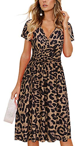 OUGES Damen Sommerkleid Kurzarm V-Ausschnitt Knielang Blumenmuster Midi Kleid mit Taschen(FloralN, M)