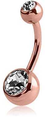 Jewel Barrel Rose Gold Belly Bar 14G (1.6mm) 10mm Navel Ring with Double Crystal Balls 5mm & 8mm