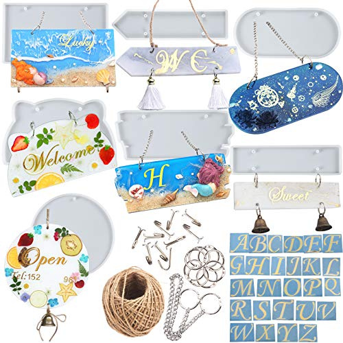 Türschild Silikonform, Wegweiser Epoxidharz Formen mit Loch für Anhänger, Agenda, Wandschild, DIY Handwerk, Bärkopf, Rechteck, Pfeilform,7 Muster, Buchringe, Metallhaken, Jutekordel, Aufkleber,55 Set