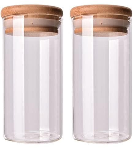 QUUPY 2 PCS Clear Glass Canister Food Storage Jar With Airtight Wood Lids Air Tight Storage Containers for Coffee Bean Loose Leaf Tea Containers Sugar Cookies Dry Fruit Nuts Candy Jars size 350ML