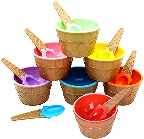 Cuenco de Plástico para Helado, 7 Piezas Cuenco de Helado Colorido, Cuencos de Helado Encantadores para Niños , Reutilizable, con Cuchara, para Regalos para Niños, Fruta, Fiesta Infantil (Plástico)