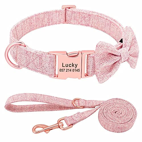 PET ARTIST Personalized Girl Dog Collars with Detachable Bowtie - Soft & Comfy Cute Dog Collar and Leash Set with Rose Gold Buckle - Adjustable Bowtie Collars for Small Medium Large Dogs,Pink,L