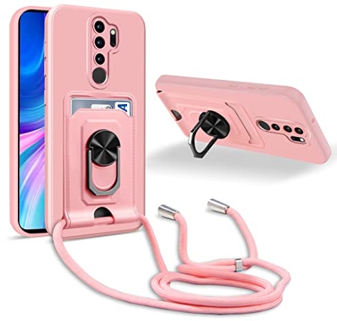 JMstore Handykette Schutzhülle Kompatibel mit Xiaomi Redmi Note 8 Pro,360° Ring Ständer magnetisches Eisenblech+Kartenfach Kameraschutz Stoßfester Silikon hülle-Pink