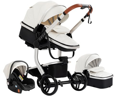 Prokoke 3-in-1 Kombikinderwagen Standardkinderwagen Neugeborener Tragbarer Reisewagen Kinderwagen Buggy Faltbarer High Landscape Kinderwagen (White)