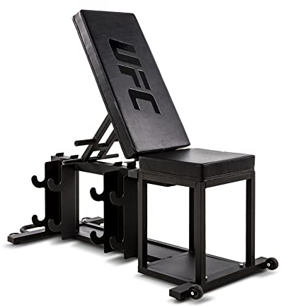 UFC Zone+ Hantelbank, verstellbar, Ganzkörpertraining, Krafttraining, flach, Neigung, Neigung Eingebauter Aufbewahrungs- und Transportgriff und Räder, einfach zu verstauen für das Fitnessstudio zu