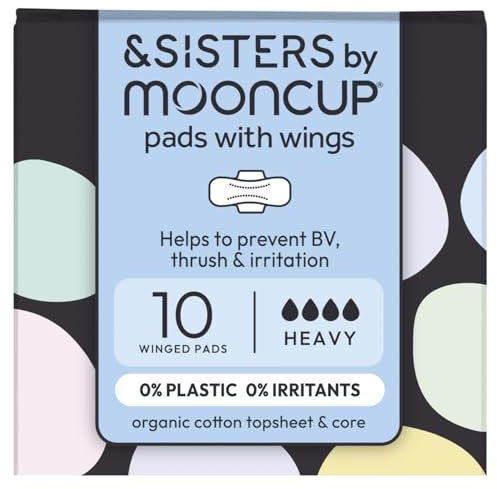 &Sisters Organic Cotton Pads with Wings, Unscented, Hypoallergenic, Breathable, Leak-Free and Comfortable Fit, Absolutely Zero Synthetics, Chlorine Bleach, Dyes Or Perfumes, Heavy Flow (10 Pack)